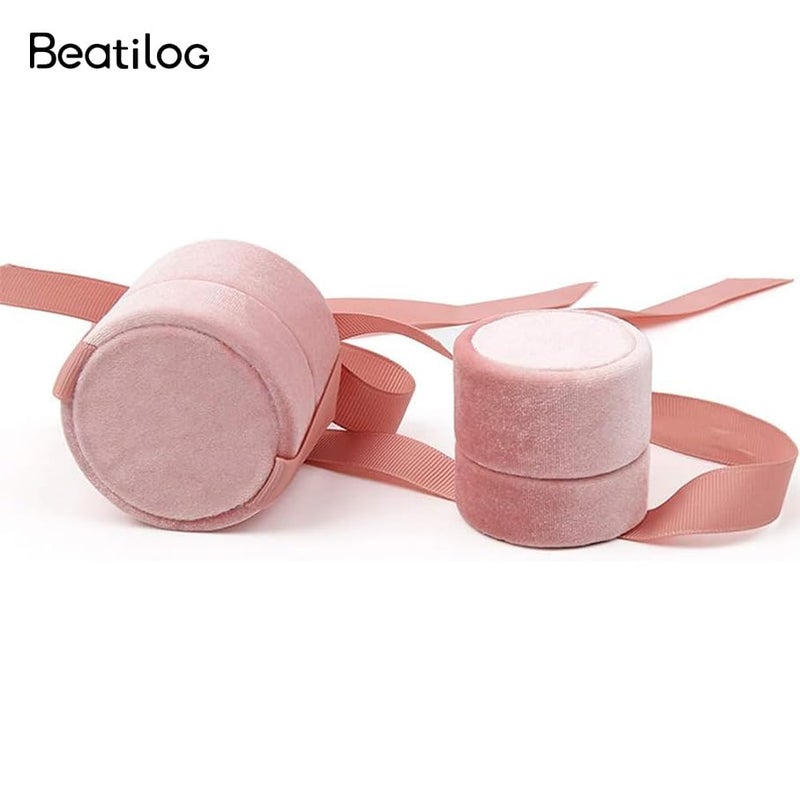 Beatilog Velvet Ring Box - Gorgeous Round Wedding Ring Box with Elegant Ribbon Bow Vintage Jewelry Holder Gift Organizer for Proposal, Engagement, Ceremony, Photography (Pink Small) - Image 4